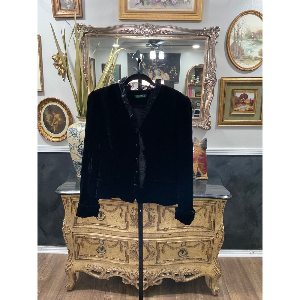 Lauren Ralph Lauren Black Velvet Ruffle Trim Button Front Jacket Evening Blazer